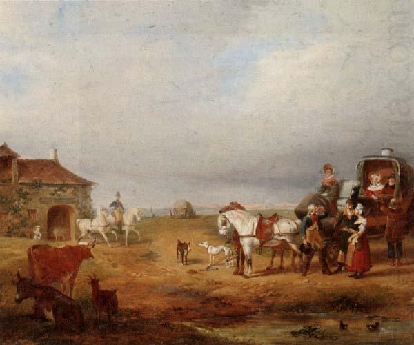 unknow artist An open landscape with a horse and carriage halted beside a pond,with anmals and innnearby china oil painting image